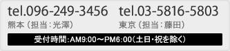 tel.096-249-3456（熊本担当：光澤）tel.03-5816-5803（東京担当：藤田）受付時間：AM9:00〜PM6：00（土日・祝を除く）